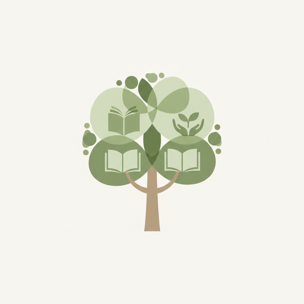 A minimalist Scandinavian illustration of a single stylized tree with a full rounded canopy, rendered in soft muted sage green tones on a light cream background.